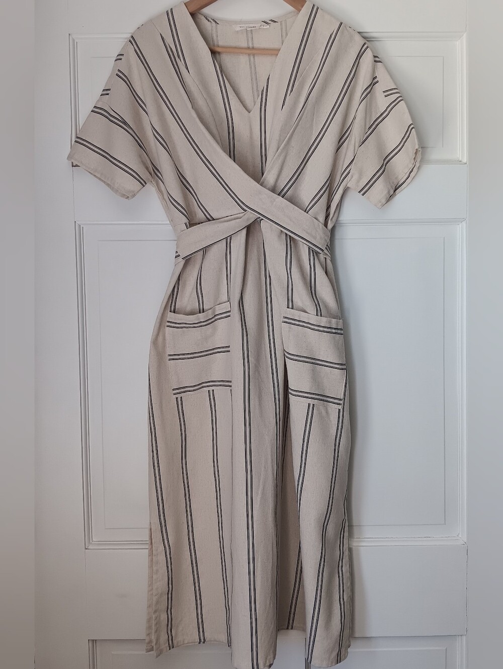 Blu Pepper beige and black Linen Striped Dress